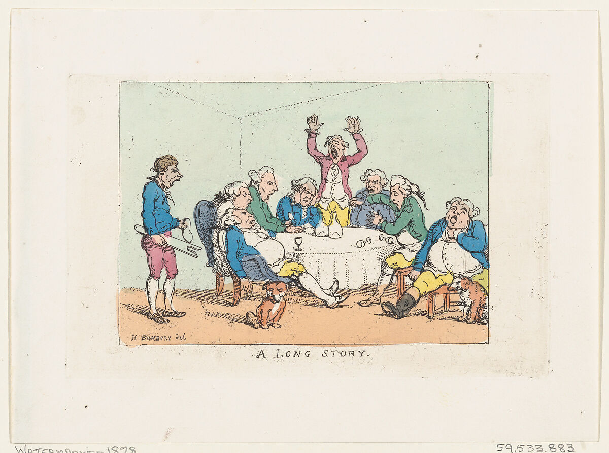 A Long Story, After Henry William Bunbury (British, Mildenhall, Suffolk 1750–1811 Keswick, Cumberland), Hand-colored etching 