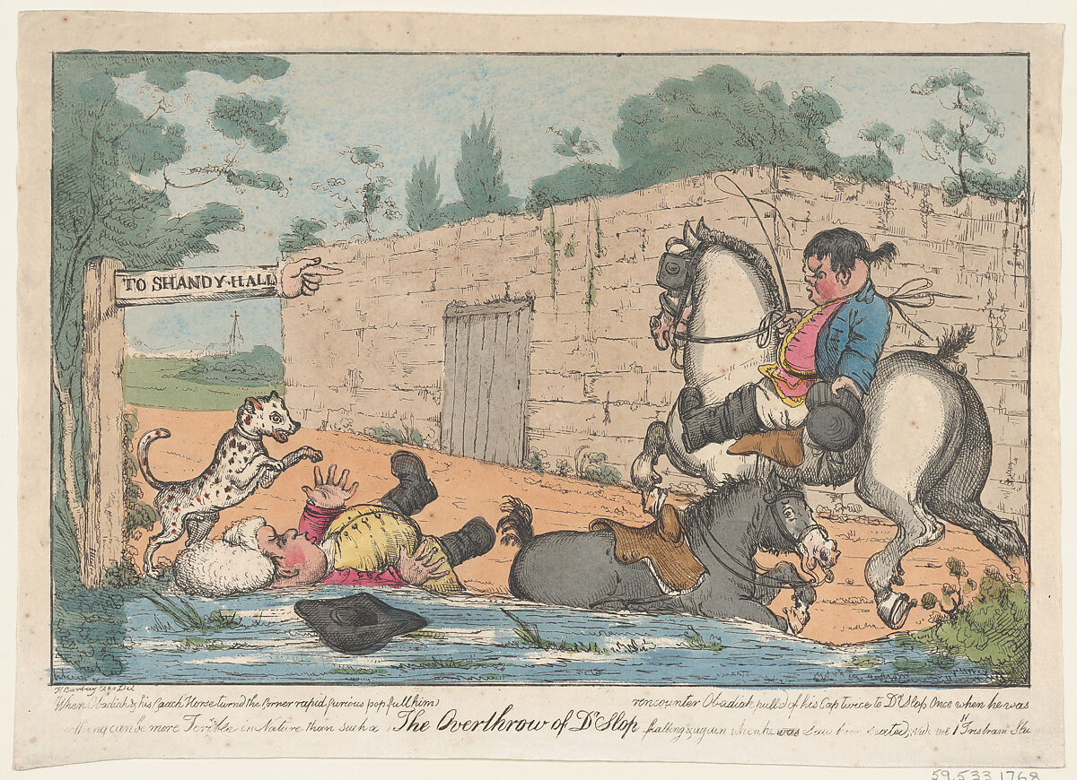 The Overthrow of Dr. Slop (Tristram Shandy), After Henry William Bunbury (British, Mildenhall, Suffolk 1750–1811 Keswick, Cumberland), Hand-colored etching 