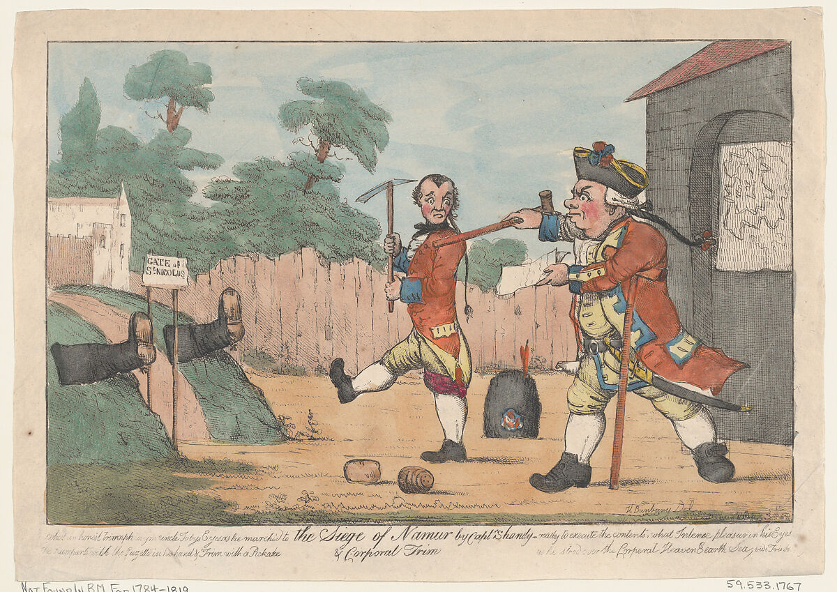 The Siege of Namur by Captain Shandy and Corporal Trim (Tristram Shandy), After Henry William Bunbury (British, Mildenhall, Suffolk 1750–1811 Keswick, Cumberland), Hand-colored etching 