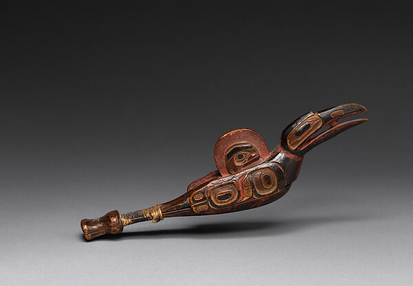 Clapper, Wood, pigment, vegetal fiber, and copper wire, Tsimshian, Native American