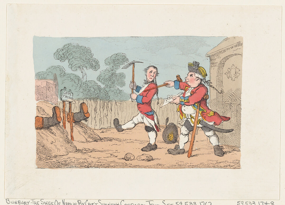 The Siege of Namur by Captain Shandy and Corporal Trim (Tristram Shandy), (?) Thomas Rowlandson (British, London 1757–1827 London), Hand-colored etching 