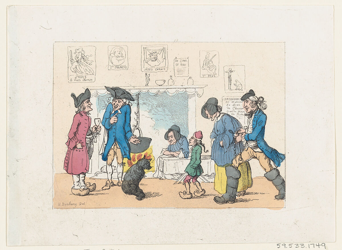 The Kitchen of a French Post House, (?) Thomas Rowlandson (British, London 1757–1827 London), Hand-colored etching 