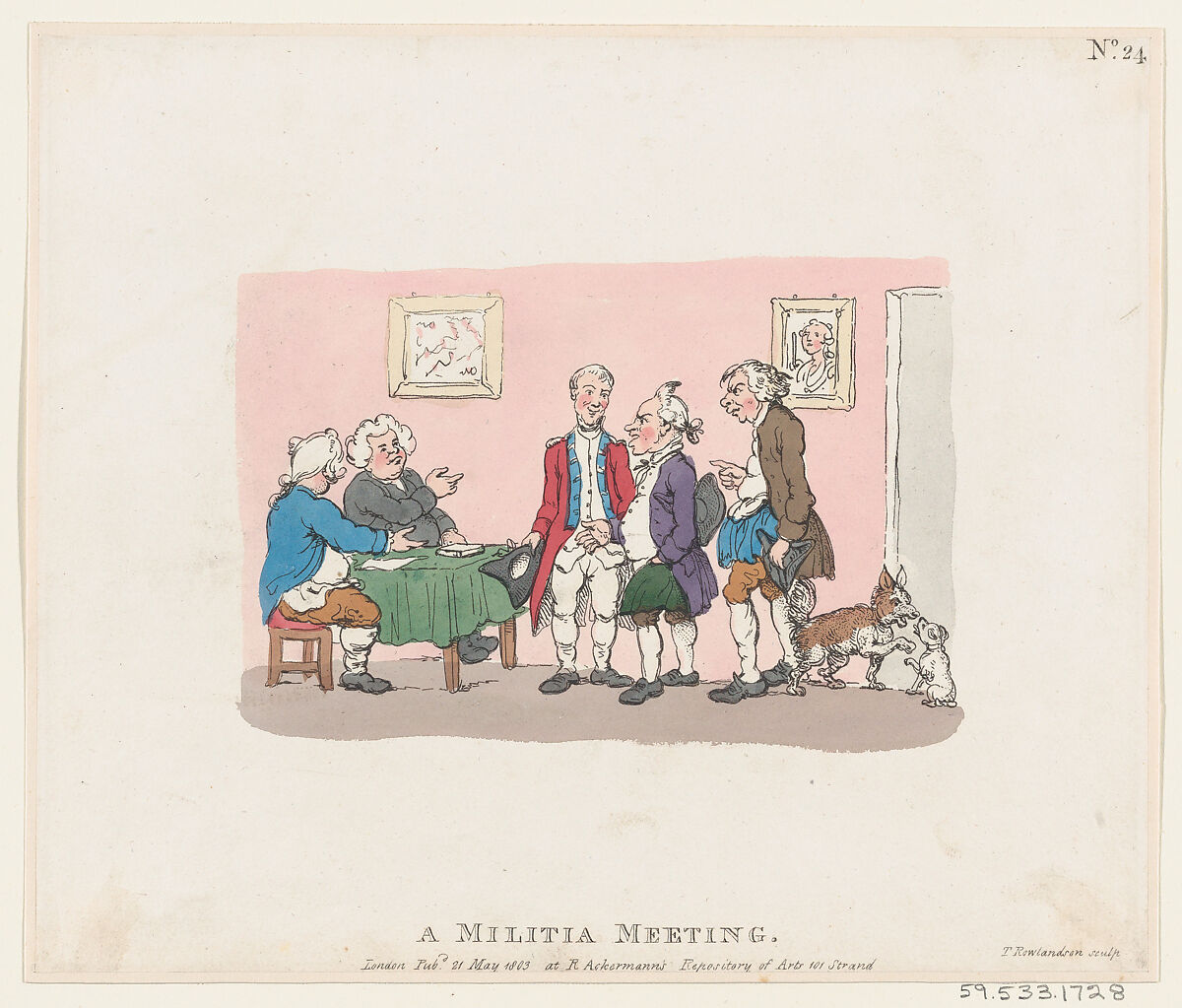 A Militia Meeting, Thomas Rowlandson (British, London 1757–1827 London), Hand-colored etching 