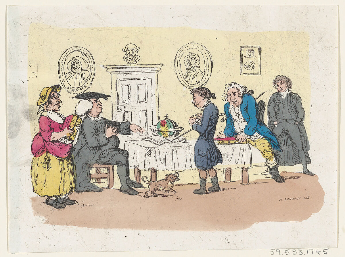 The Hopes of the Family – An Admission at the University, Thomas Rowlandson (British, London 1757–1827 London), Hand-colored etching 