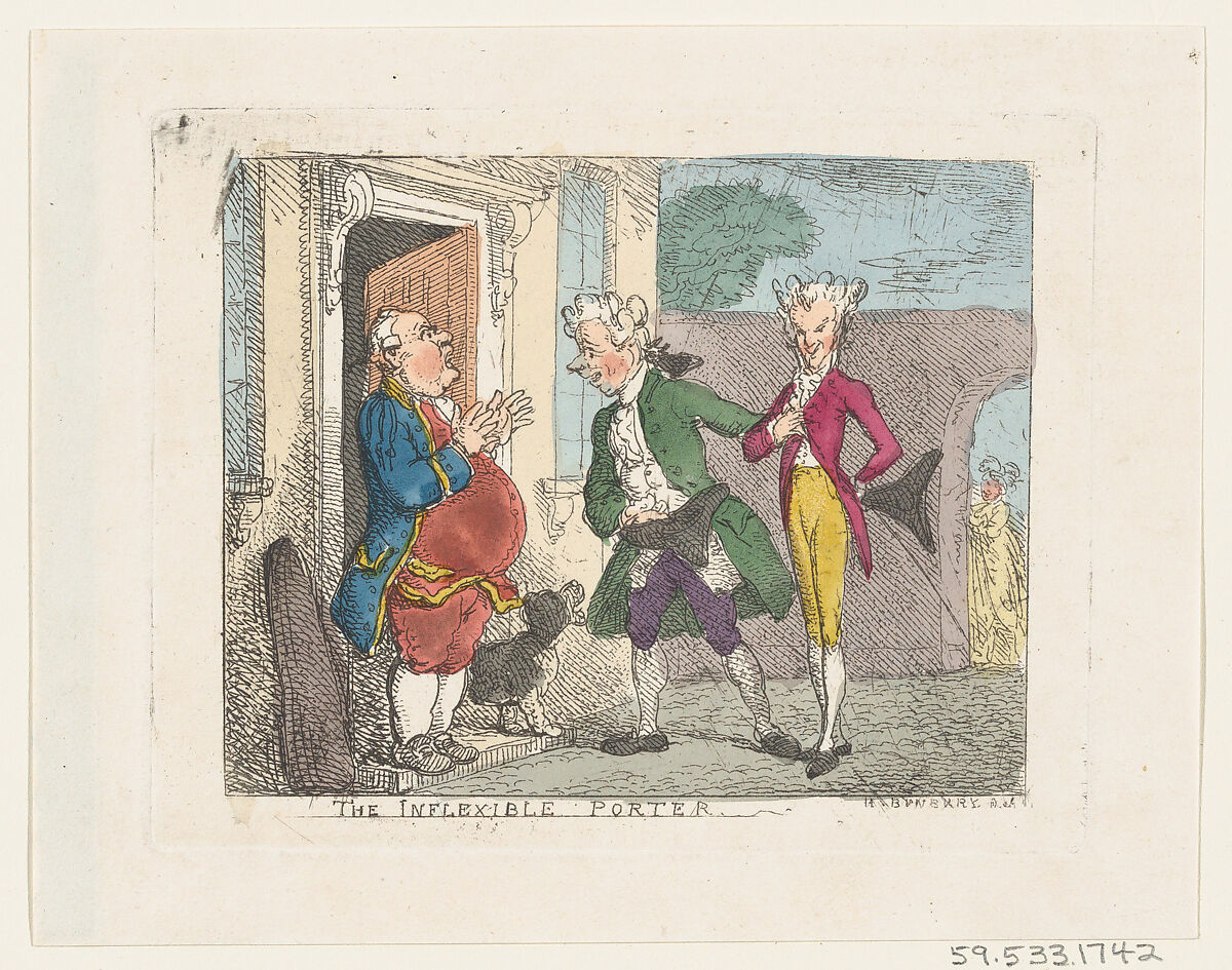 The Inflexible Porter, Thomas Rowlandson (British, London 1757–1827 London), Hand-colored etching 