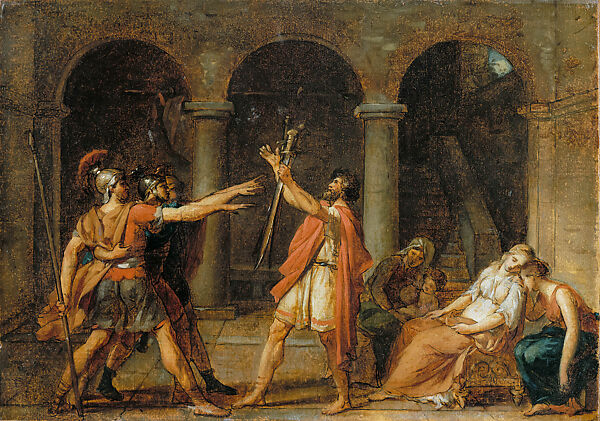 The Oath of the Horatii, Jacques Louis David (French, Paris 1748–1825 Brussels), Oil over pen and black ink, squared in black chalk, on paper laid down on canvas 