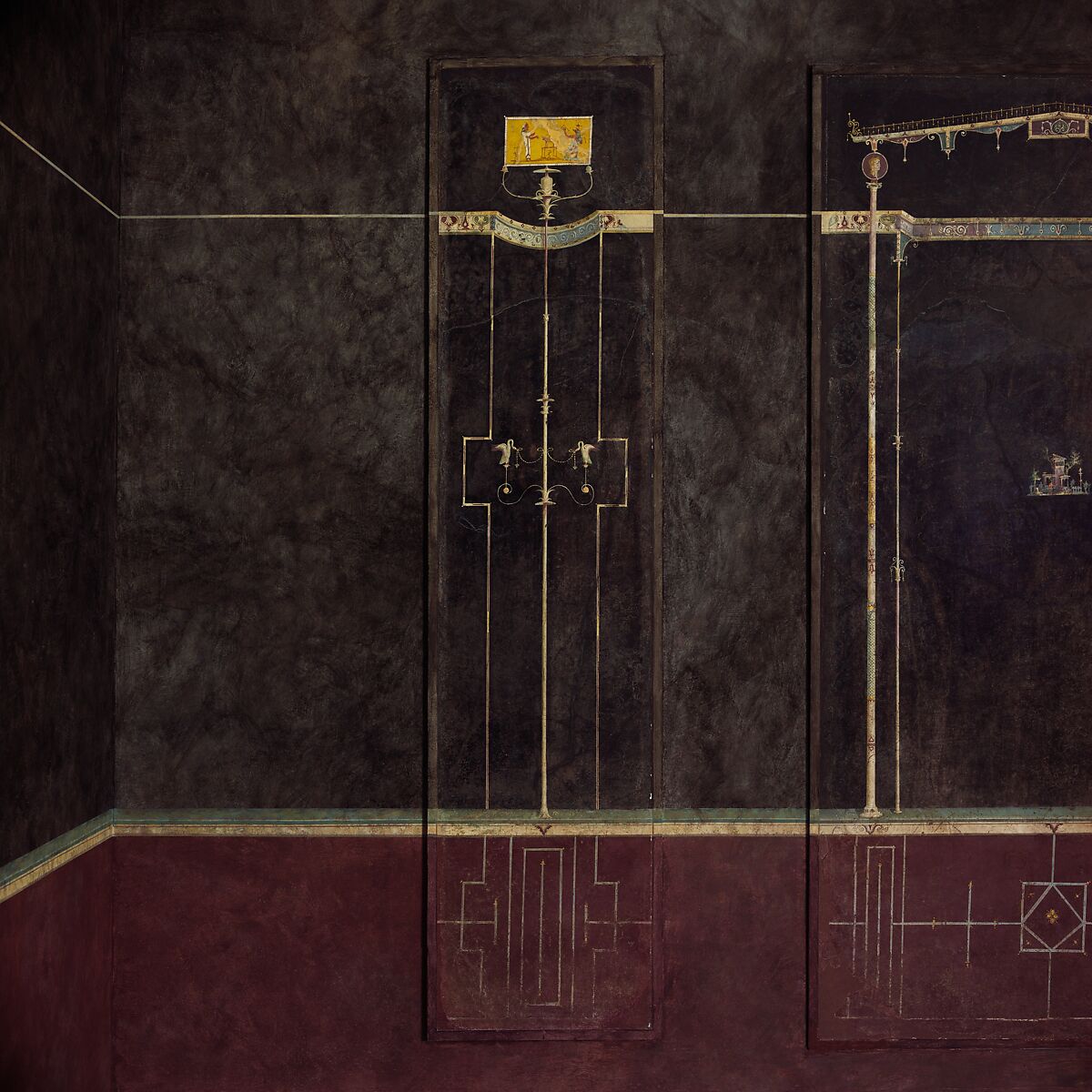 Wall paintings on black ground:  from the imperial villa at Boscotrecase, Fresco, Roman, Pompeian