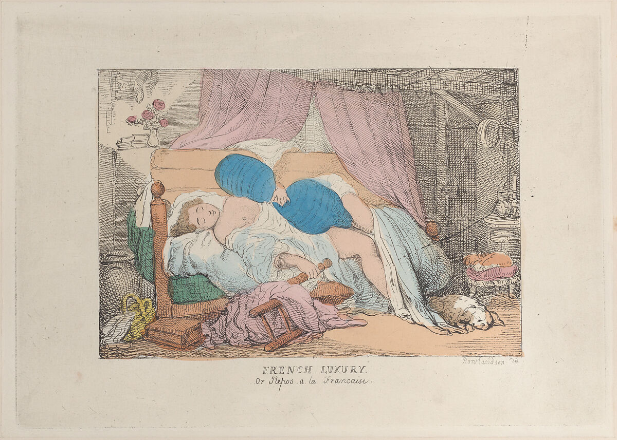 French Luxury, or Repos a la Francaise, After Thomas Rowlandson (British, London 1757–1827 London), Hand-colored etching