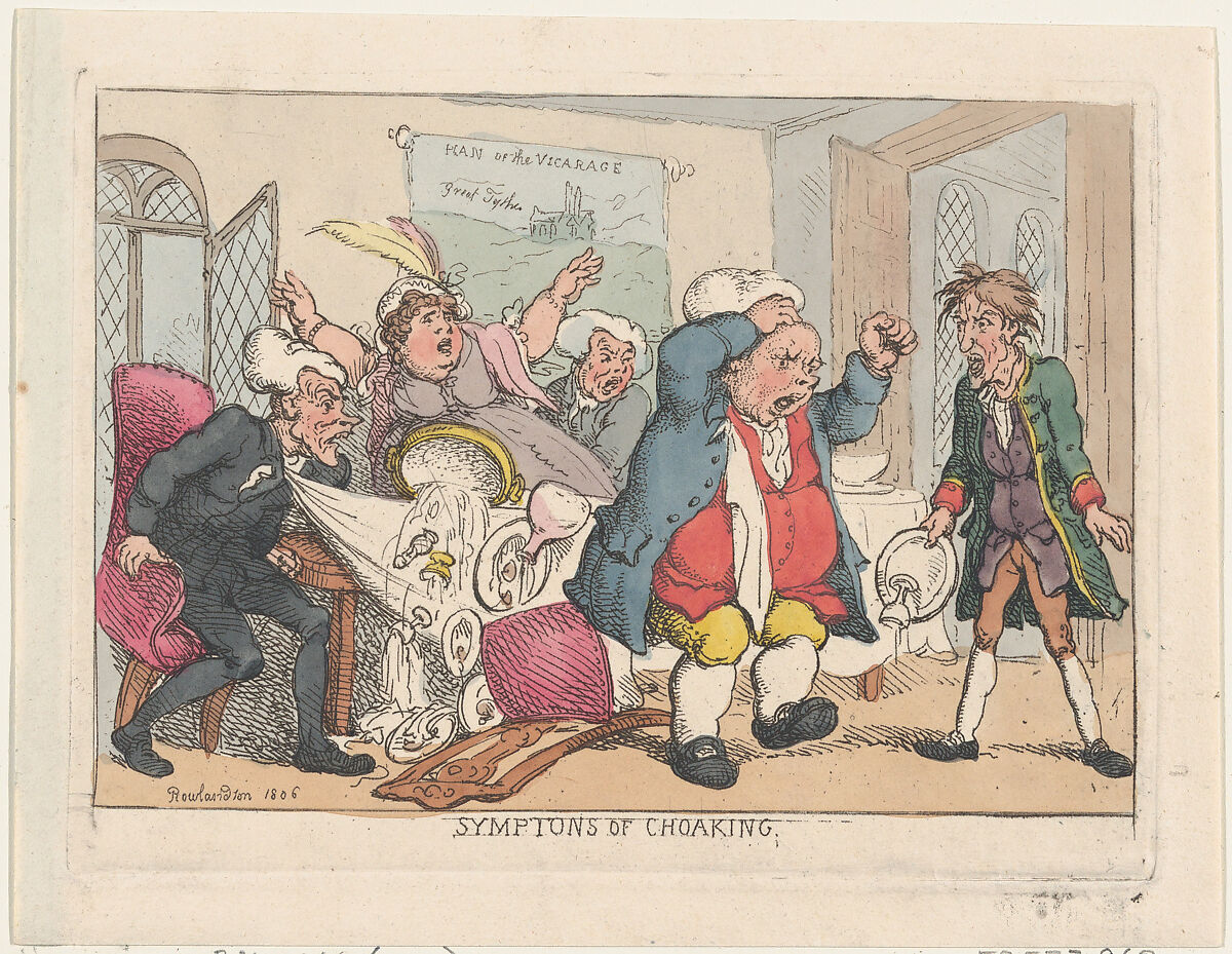 Symptoms of Choaking, Thomas Rowlandson (British, London 1757–1827 London), Hand-colored etching 