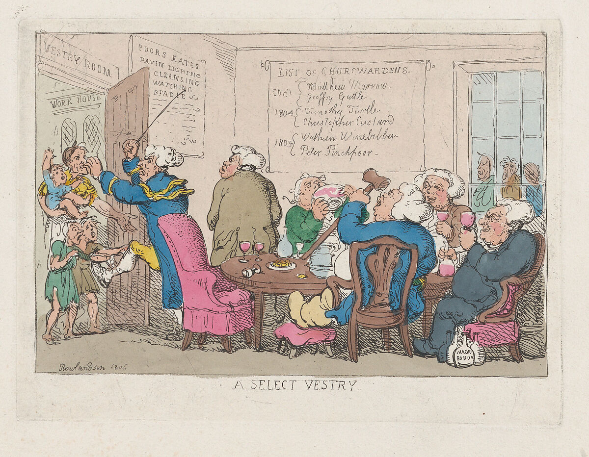 A Select Vestry, Thomas Rowlandson (British, London 1757–1827 London), Hand-colored etching 