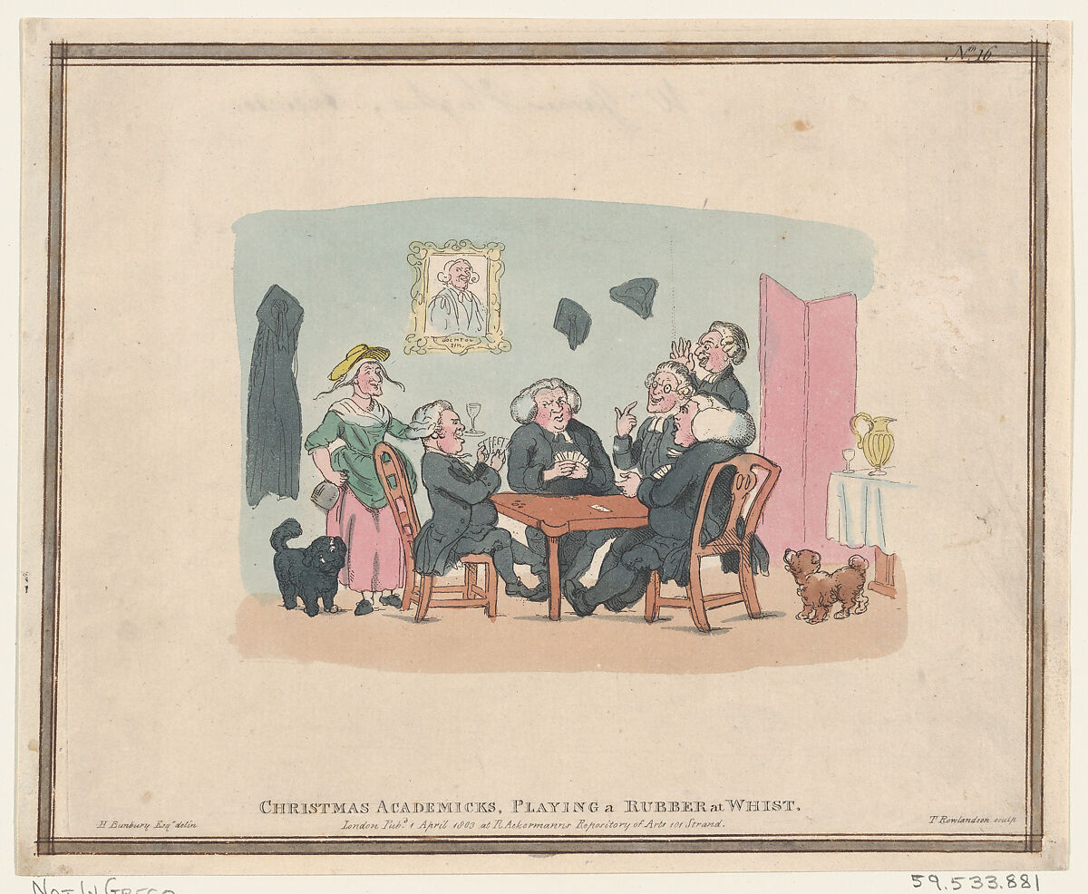 Christmas Academics Playing a Rubber at Whist, Thomas Rowlandson (British, London 1757–1827 London), Hand-colored etching 