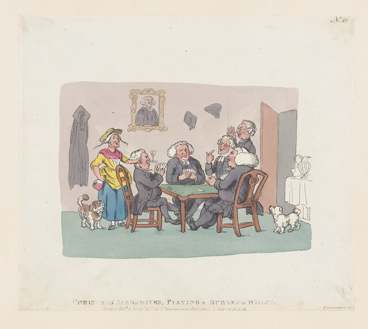 Christmas Academics Playing a Rubber at Whist, Thomas Rowlandson (British, London 1757–1827 London), Hand-colored etching 