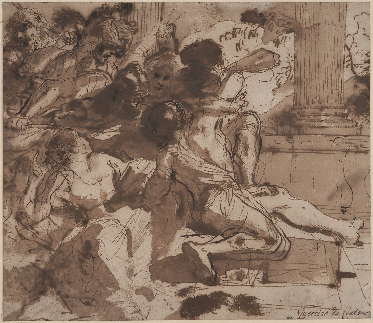 Samson Captured by the Philistines, Guercino (Giovanni Francesco Barbieri) (Italian, Cento 1591–1666 Bologna), Pen and dark brown (iron gall) ink with brush and two hues of brown wash 