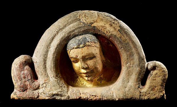 Antefix with Male Head, Terracotta with polychrome and gilding, Southern Vietnam 