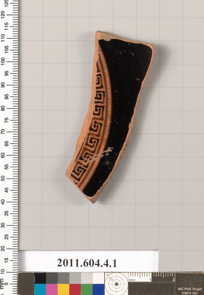Terracotta fragment of a kylix (drinking cup), Terracotta, Greek, Attic 