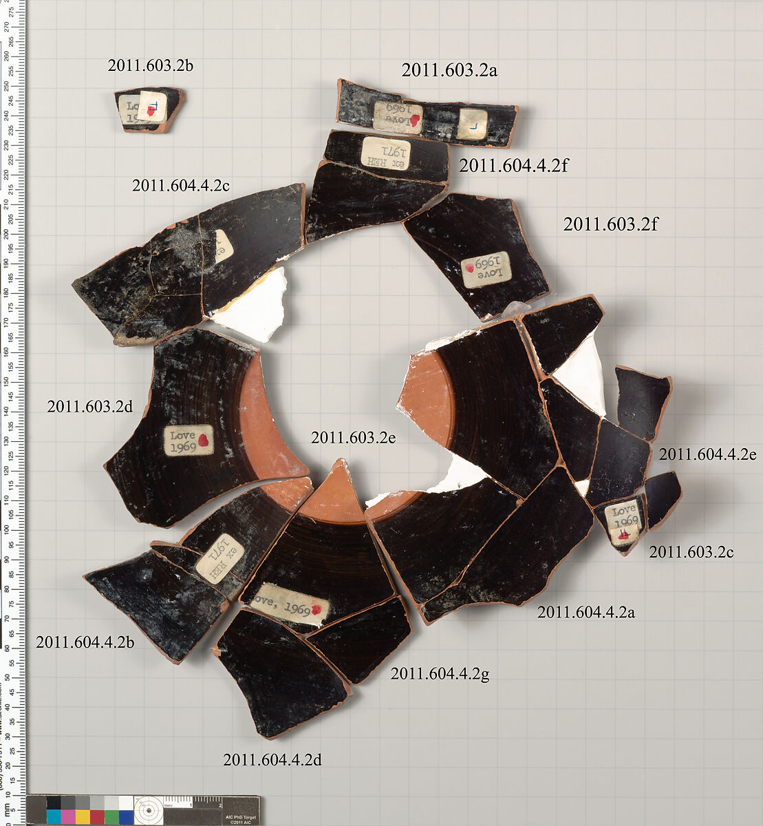 Terracotta fragments of a kylix: band-cup (drinking cup), Terracotta, Greek, Attic
