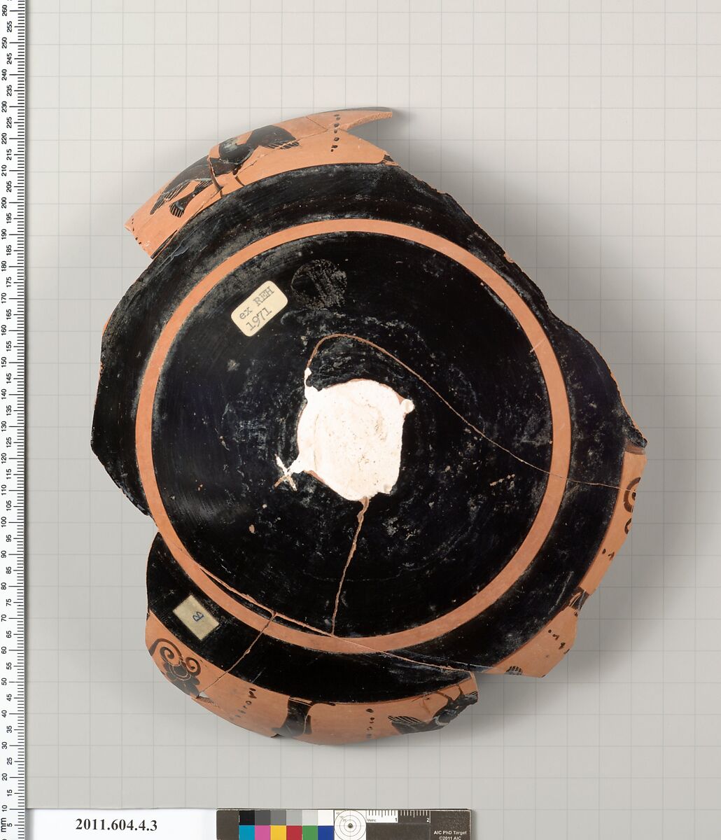 Terracotta fragment of a kylix: band-cup (drinking cup), Terracotta, Greek, Attic