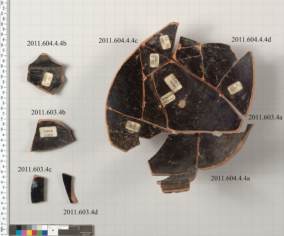 Terracotta fragments of a kylix: Komast cup (drinking cup), Attributed to the Falmouth Painter [DvB], Terracotta, Greek, Attic