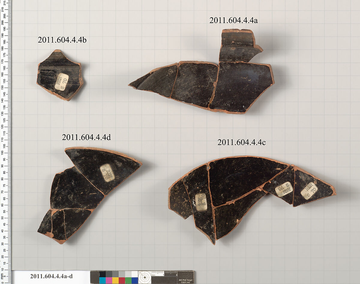 Terracotta fragments of a kylix: Komast cup (drinking cup), Attributed to the Falmouth Painter [DvB], Terracotta, Greek, Attic