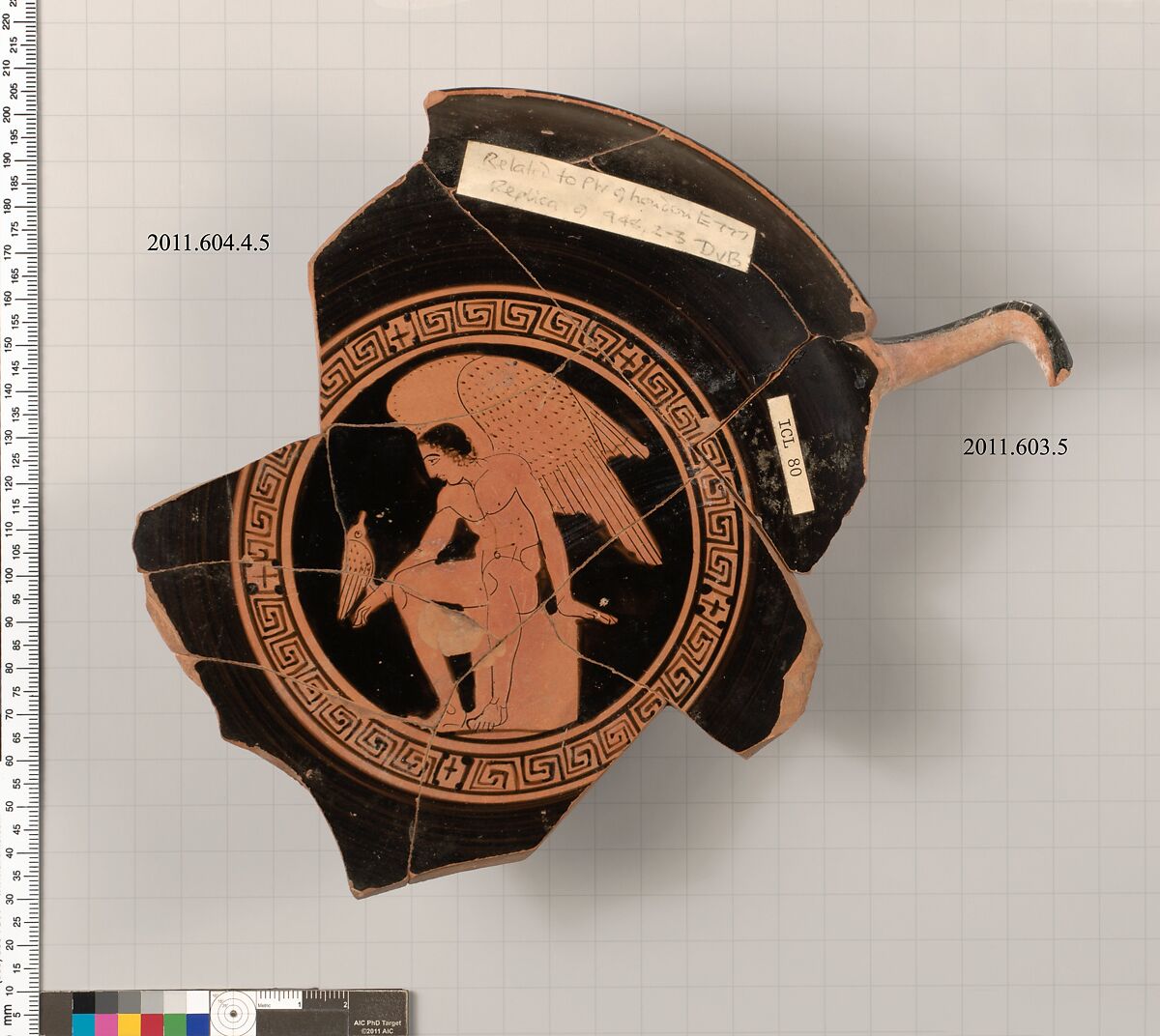 Terracotta fragment of a kylix (drinking cup), Related to the Painter of London E 777 [DvB], Terracotta, Greek, Attic