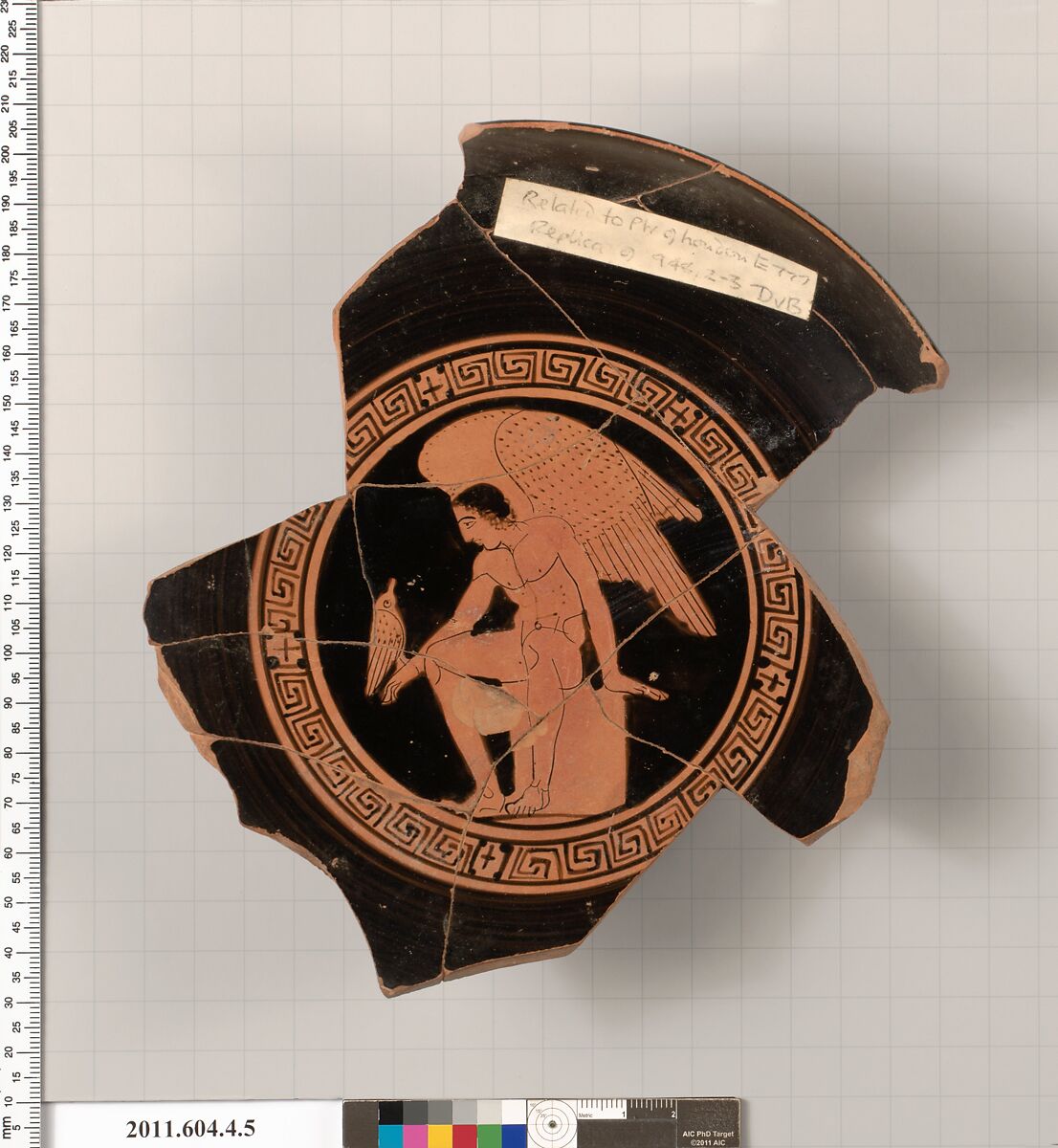 Terracotta fragment of a kylix (drinking cup), Related to the Painter of London E 777 [DvB], Terracotta, Greek, Attic 