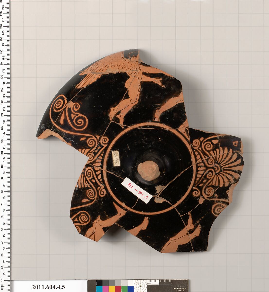 Terracotta fragment of a kylix (drinking cup), Related to the Painter of London E 777 [DvB], Terracotta, Greek, Attic