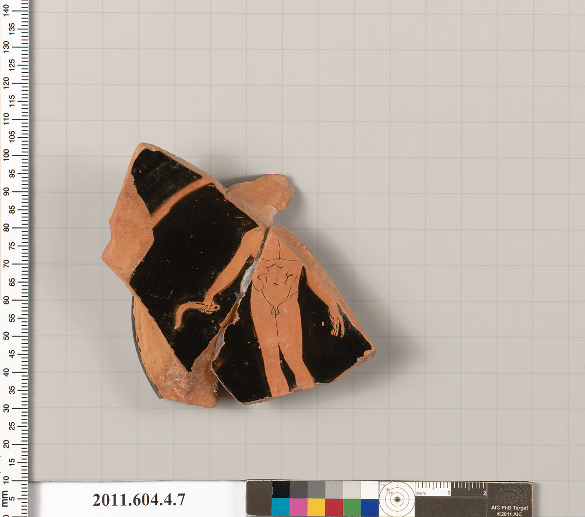 Terracotta fragment of a stemless kylix (drinking cup), Terracotta, Greek, Attic 