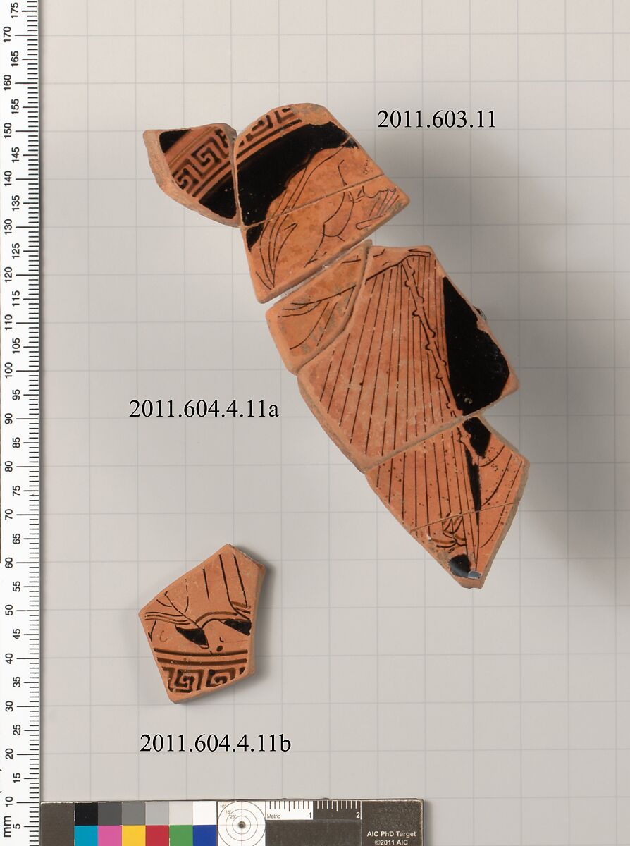 Terracotta fragments of a kylix (drinking cup), Terracotta, Greek, Attic