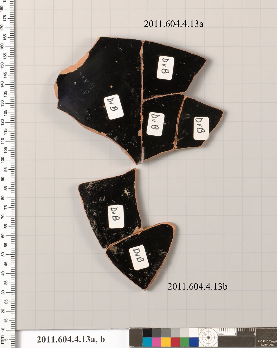 Terracotta fragments of a kylix (drinking cup), Terracotta, Greek, Attic