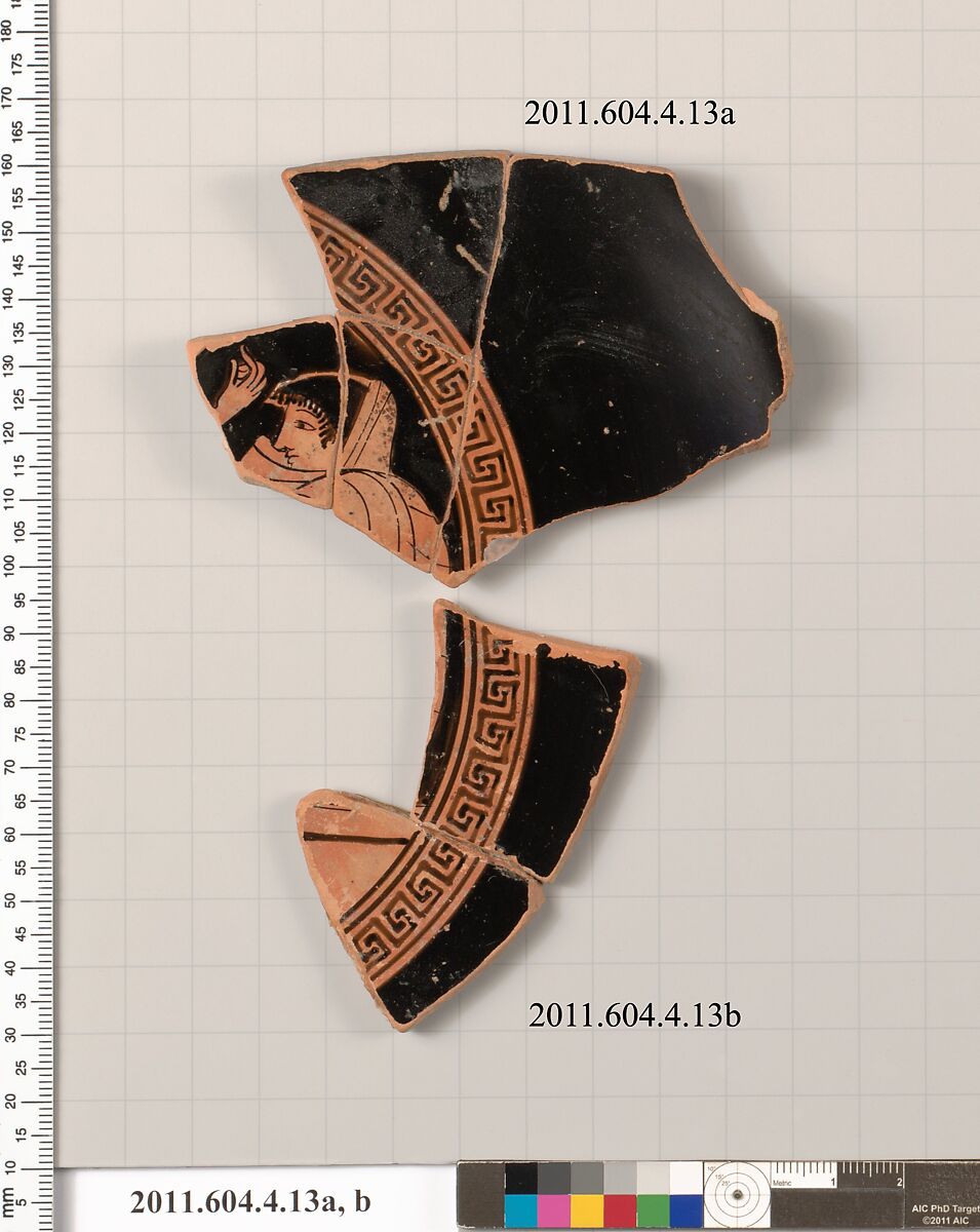 Terracotta fragments of a kylix (drinking cup), Terracotta, Greek, Attic 