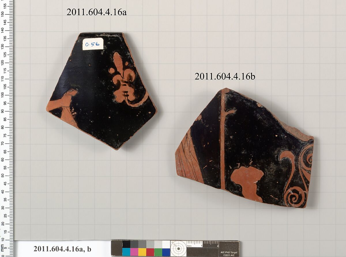 Terracotta fragments of a skyphos (deep drinking cup), Terracotta, Greek, Attic 