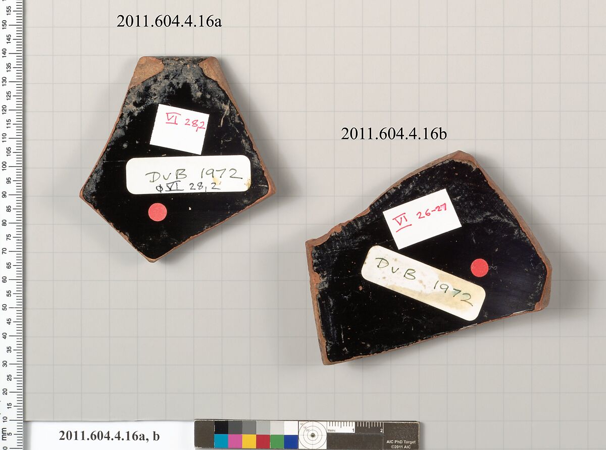 Terracotta fragments of a skyphos (deep drinking cup), Terracotta, Greek, Attic