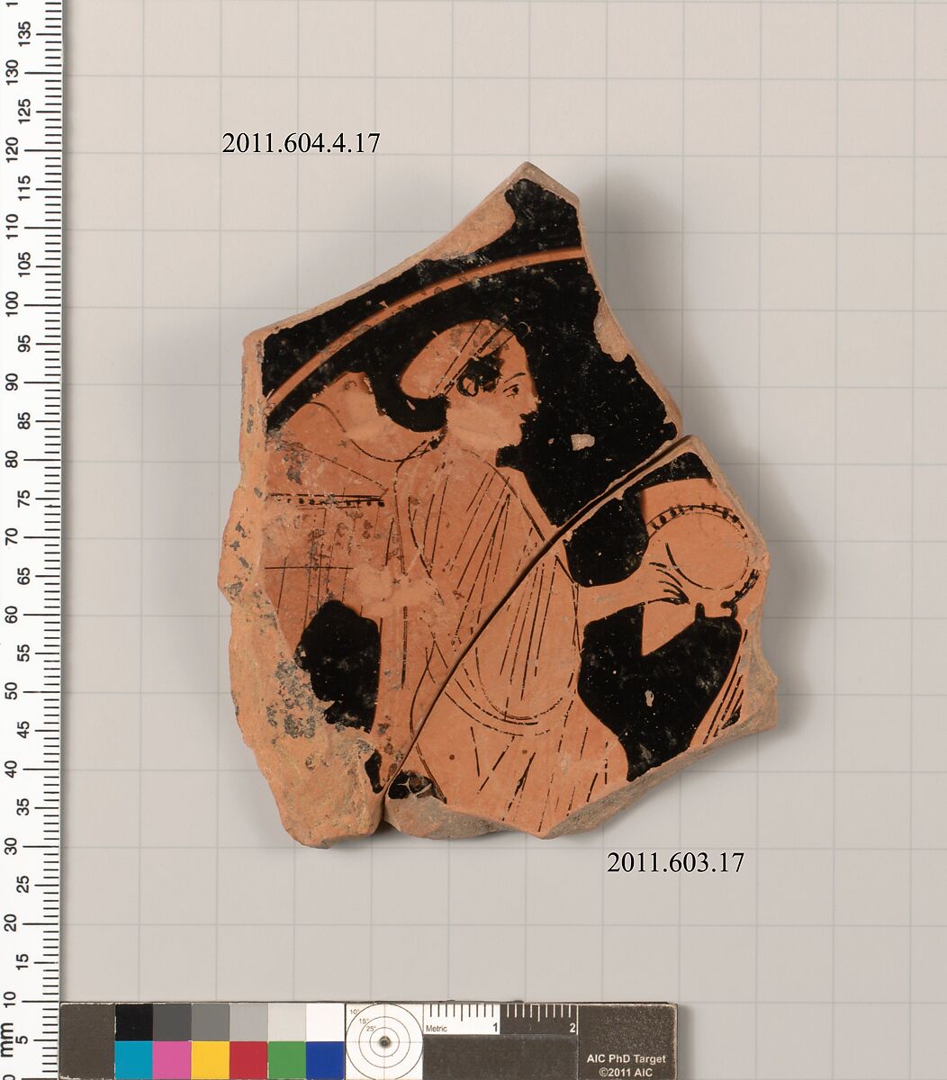 Terracotta fragment of a stemless kylix (drinking cup), Terracotta, Greek, Attic