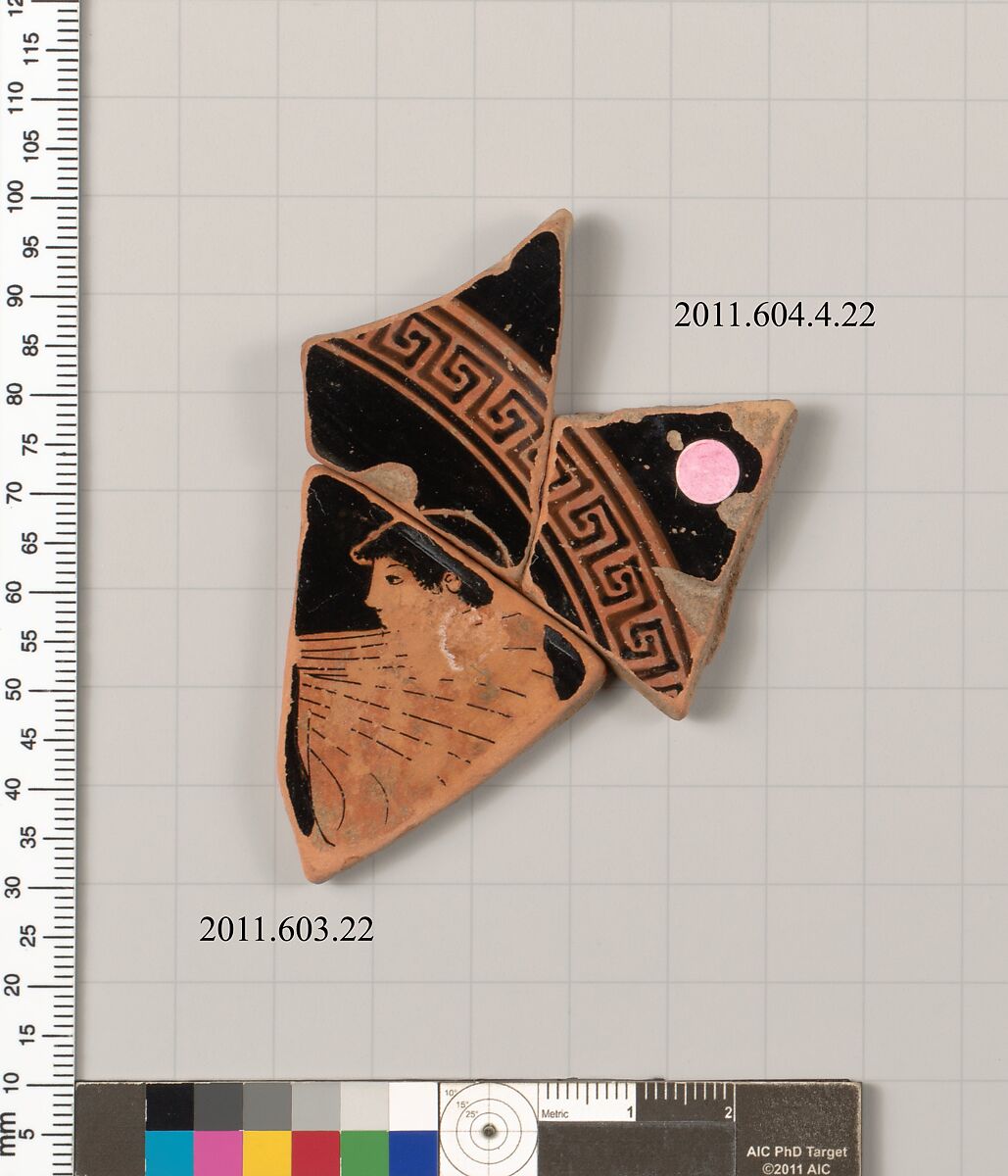 Terracotta fragment of a kylix (drinking cup), Terracotta, Greek, Attic