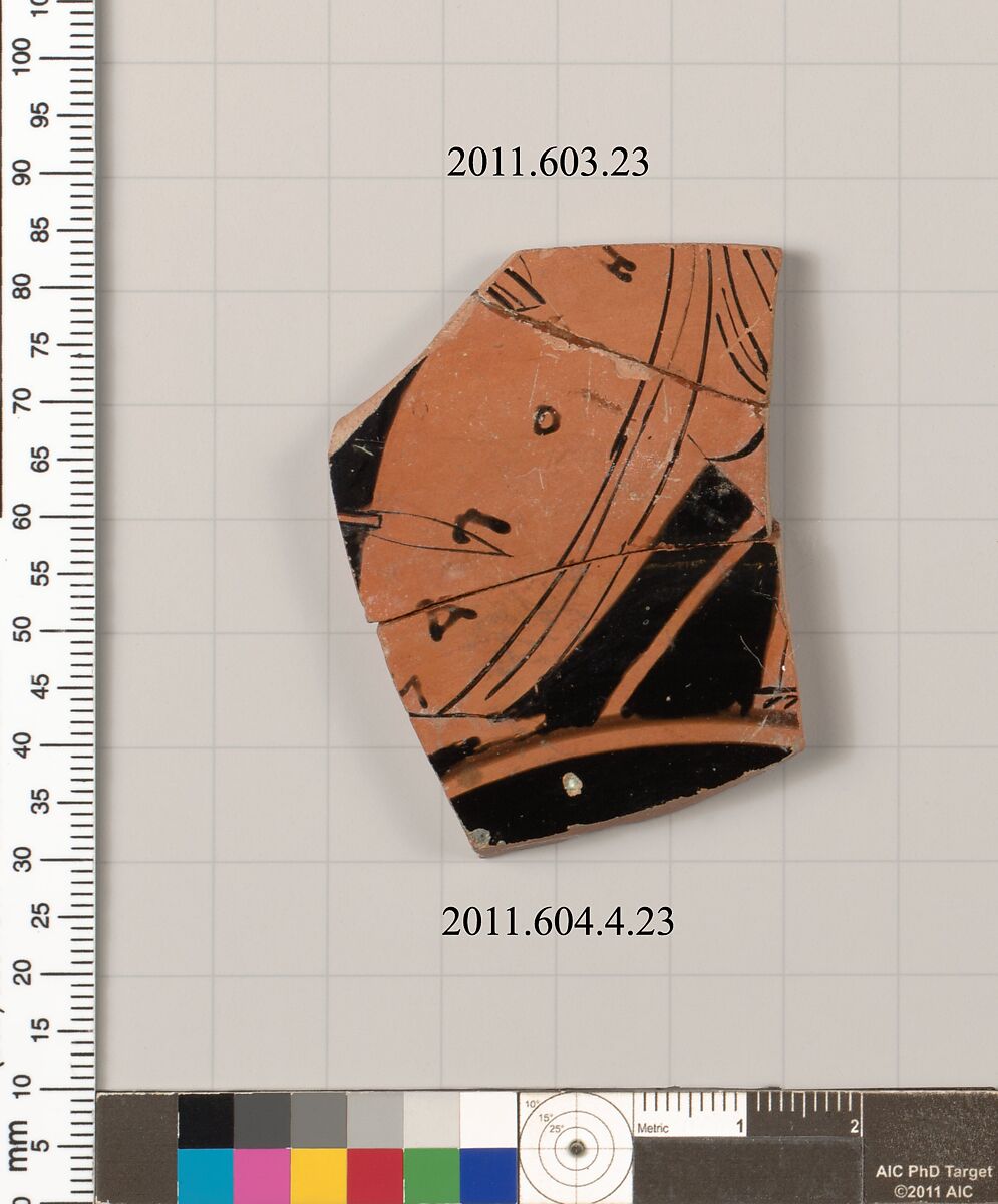 Terracotta fragment of a kylix (drinking cup), Attributed to the Painter of Berlin 2268 [DvB], Terracotta, Greek, Attic