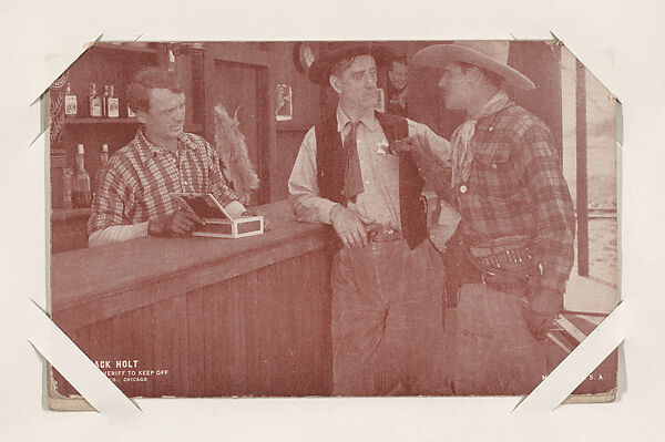 Jack Holt warns the sheriff to keep off from Western Stars or Scenes Exhibit Cards series (W412), Exhibit Supply Company, Commercial color photolithograph 