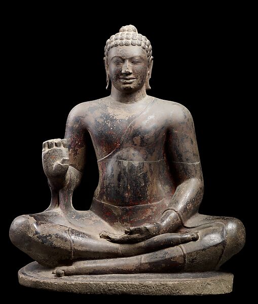 Buddha Offering Protection, Sandstone with traces of lacquer and gilding, Southern Cambodia 