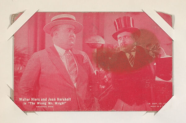 Walter Hiers and Jean Hersholt in "The Wrong Mr. Wright" from Scenes from Movies Exhibit Cards series (W404), Exhibit Supply Company, Commercial color photolithograph 