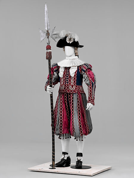 Ceremonial Uniform of the Cent-Suisses, Silk and velvet (uniform), gold-plated iron (halberd), linen and flax (collar), leather and gold embroidery (gloves), French 