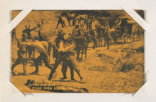 Neal Hart Two-Gun Man saves the stage from highwaymen from Western Stars or Scenes Exhibit Cards series (W412), Exhibit Supply Company, Commercial color photolithograph 