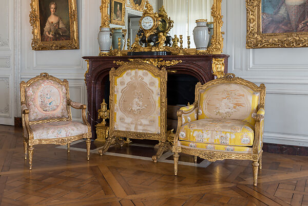 Armchair (fauteuil à la reine) and Fire Screen, Jean-Baptiste II Tilliard (French, 1723–1798, master 1752), Carved and gilded walnut; covered in lampas brocade (modern) 