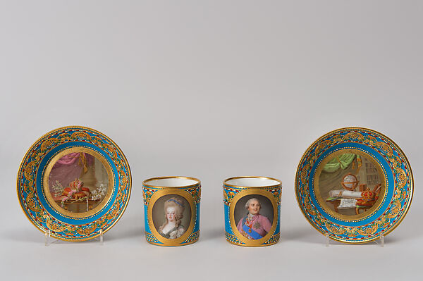Pair of Cups and Saucers (tasses litrons) with Portraits of Marie Antoinette and Louis XVI, Pair painted by Nicolas Pierre Pithou the Younger (active 1763–67, 1769–95, 1814–18), Soft-paste porcelain, decorated with enamel “pearls”, French 