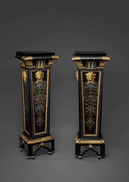Pair of Pedestals, André Charles Boulle (French, Paris 1642–1732 Paris), Pine with ebony veneer and marquetry of brass and pewter inlaid in a tortoiseshell ground; blue stained horn; gilt-bronze mounts 