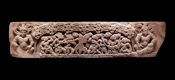 Lintel with Dancers and Musicians Flanked by  Nagarajas, Sandstone, Central Cambodia 