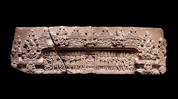 Lintel Depicting the Lingodbhavamurti Myth and a King's Consecration, Sandstone, Central Cambodia 
