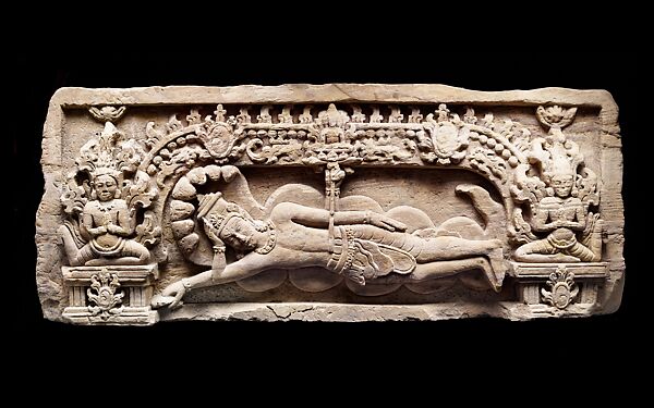 Lintel Depicting Vishnu Anantasayin and the Birth of Brahma, Sandstone, Western Cambodia 