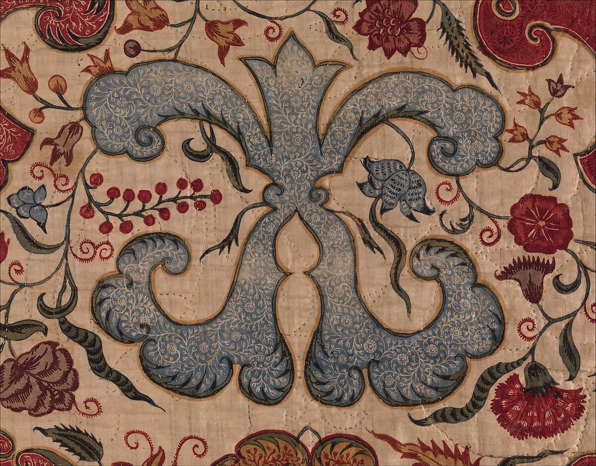 Quilt or Carpet, Cotton (drawn and painted resist and mordant, dyed, overpainted); silk lining and cotton filling, India (Coromandel Coast), for the European market