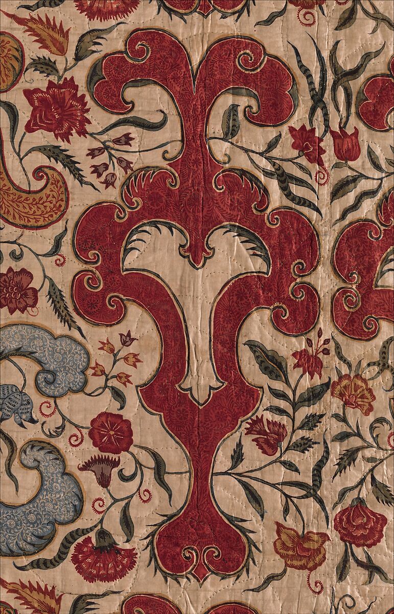 Quilt or Carpet, Cotton (drawn and painted resist and mordant, dyed, overpainted); silk lining and cotton filling, India (Coromandel Coast), for the European market