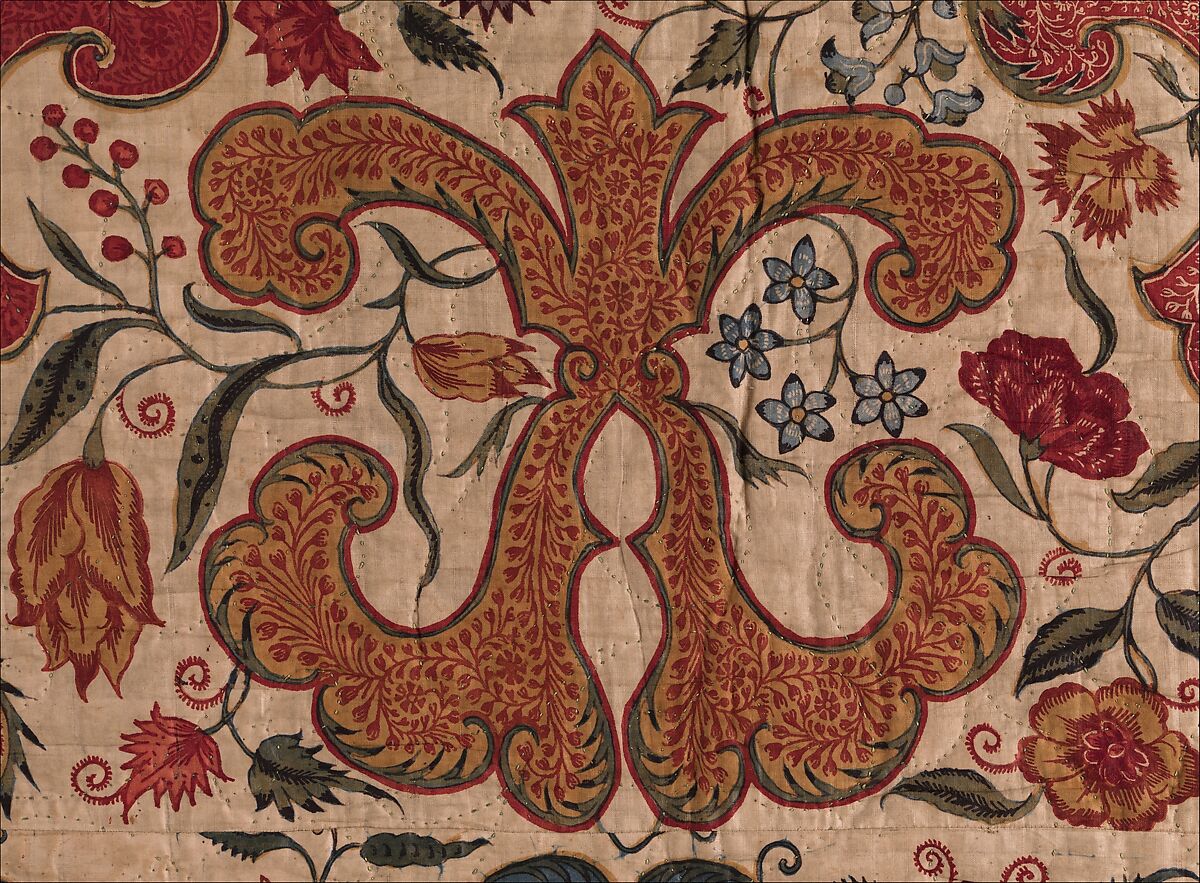 Quilt or Carpet, Cotton (drawn and painted resist and mordant, dyed, overpainted); silk lining and cotton filling, India (Coromandel Coast), for the European market