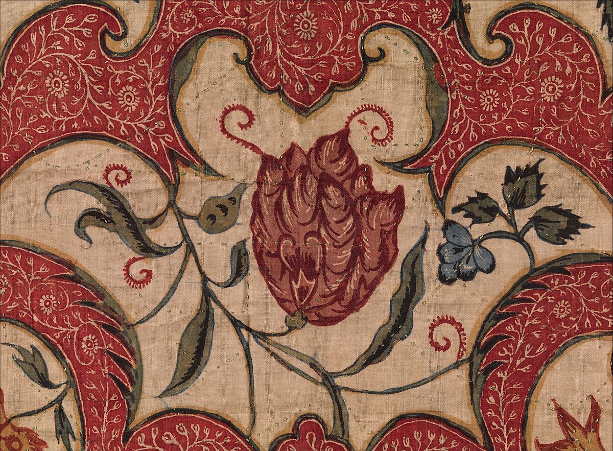 Quilt or Carpet, Cotton (drawn and painted resist and mordant, dyed, overpainted); silk lining and cotton filling, India (Coromandel Coast), for the European market